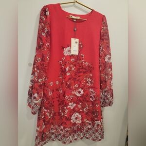 Yumi Kim Red A-line Midi Dress with Bishop Sleeves